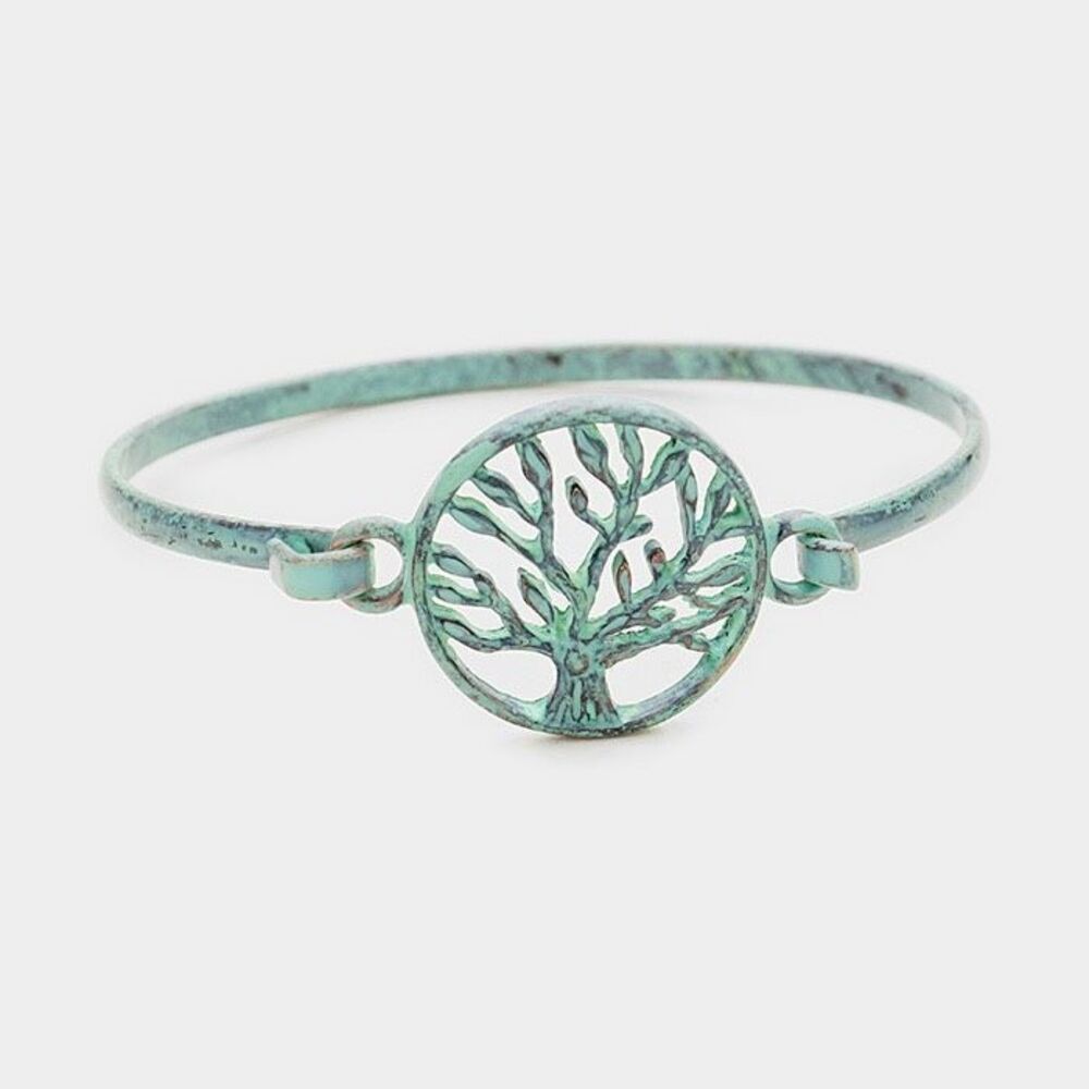 New Womens Boutique Tree of Life Antiqued Turquoise Metal Hook Bracelet